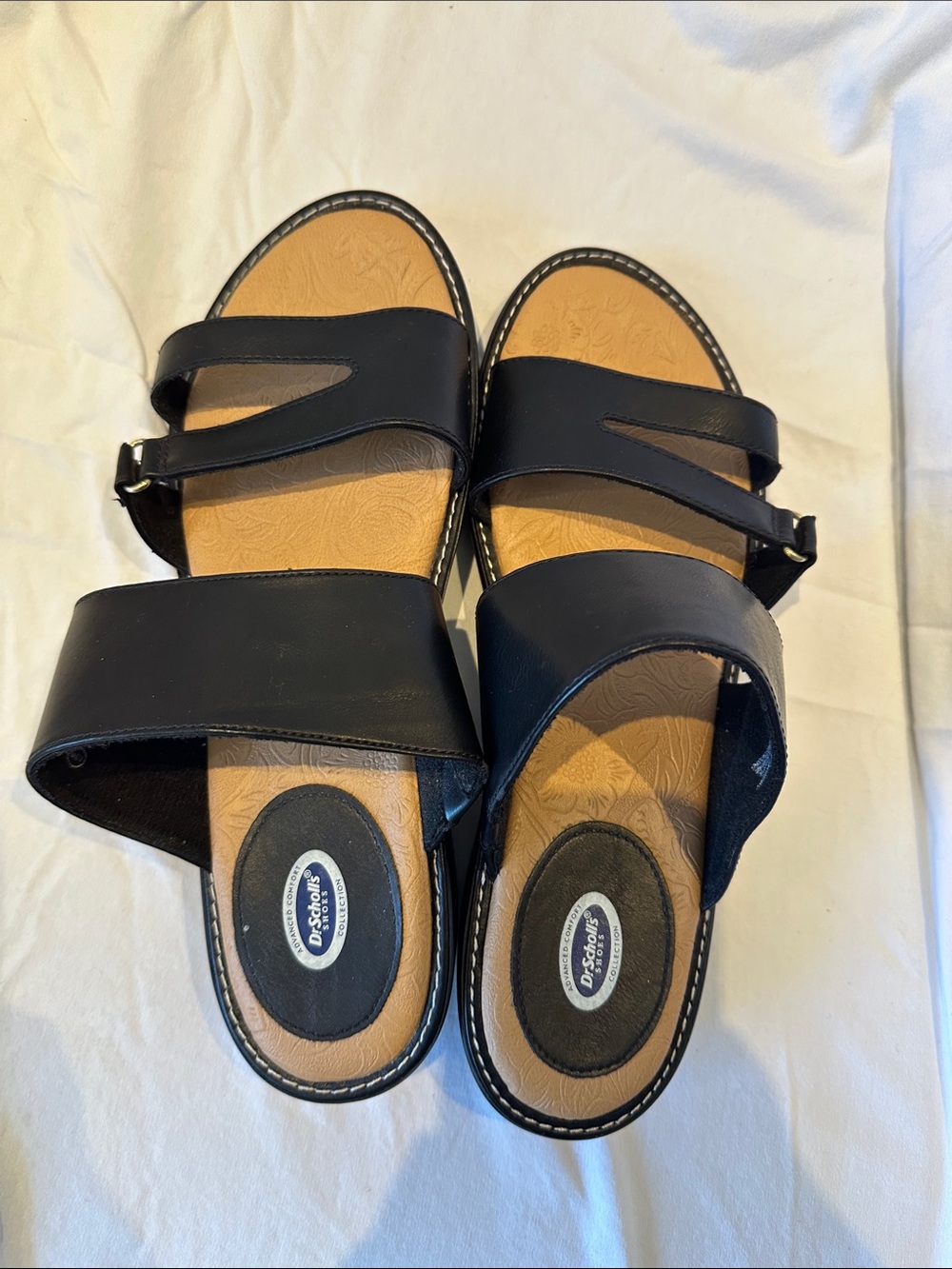Dr. Scholl's Black Double-Strap Slide Sandals with Tan Footbed